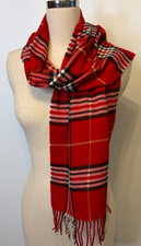 V Fraas Cashmink -Red, Black, White, Tan Tartan Plaid Acrylic Scarf W/Fringe