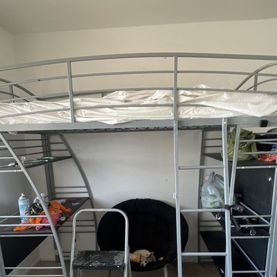 Gray Metal Twin Loft Bed Frame with Built-In Ladder & Guardrail