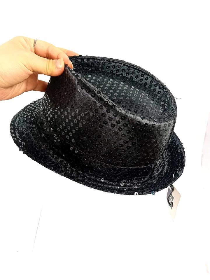 Cappello con paillettes Nero Glitter Brillante Unisex da Dance discoteca Festa - Immagine 3 di 4