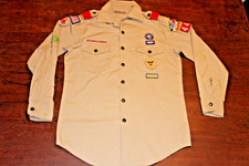 Boy Scouts of America BSA Men's Shirt Tan Small Sewn Patches Long Sleeve