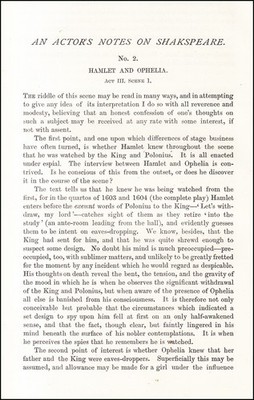 AN ACTOR'S NOTES ON SHAKSPEARE : HAMLET AND OPHELIA, ACT III, SCENE I. AN ORIGIN