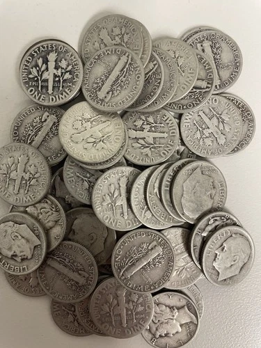 90% SILVER DIME ROLL | MERCURY & ROOSEVELT MIX | 50 DIMES 1940-1949