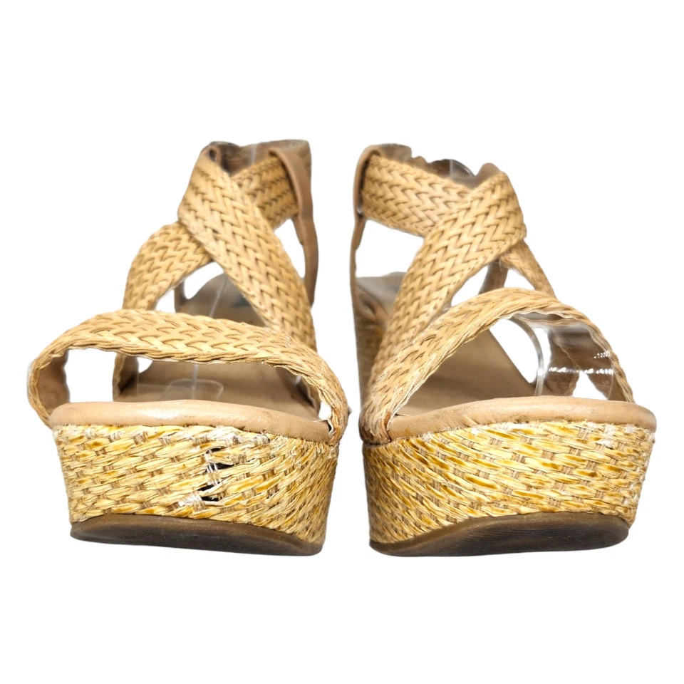 Soda Heels Womens 6 Tan Rattan Wedges Peep Toe Strappy Boho Bohemian Woven - Image 4 of 4
