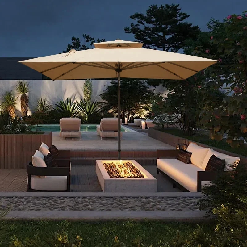 Paraguas voladizo cuadrado Domi 9,68'x9,68' con poste central para cubierta porche beige Foto 3 de 4