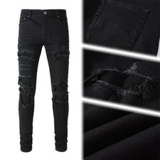 Men's Distressed Skinny Ripped Jeans with Stretch Denim, Flexible Knee Patches