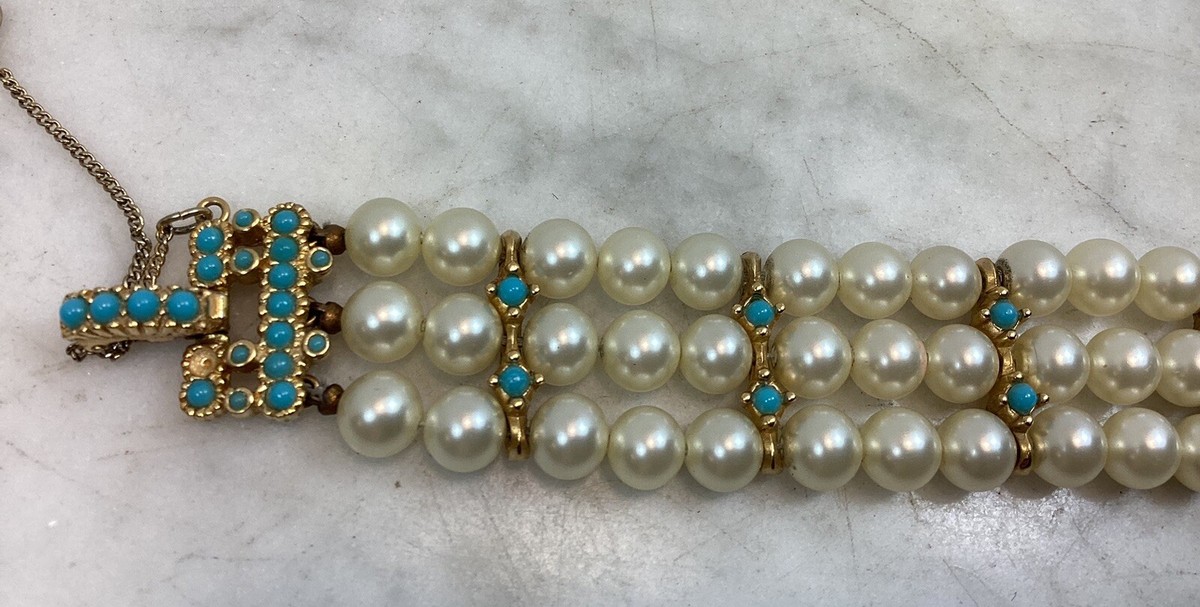 Ciner ブレスレット Vintage CINER Signed 3 Row Faux Pearl Seed Turquoise