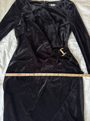 DKNY Velvet Dress Boatneck Black Long Sleeve Gathered Embellished NWT Size 8 - Picture 15 of 16