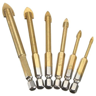 Set mit 6 titanbeschichteten Glasbohrer-Bits mit 6 mm Sechskantschaft für Kerami