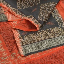 Sanskriti Vintage Sarees Black/Orange Pure Silk Printed Sari 5Yd Craft Fabric