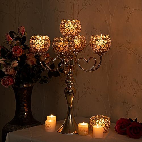 Gold Crystal Candle Holders 5 arm Candelabra Centerpiece for Wedding Table De...