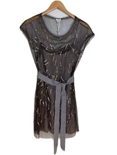 Hoos Intropia Hand Embroidered Two Piece Mesh Slip Short Dress Grey Sz 38 Belt