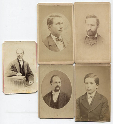 CDV VARIETY OF PHOTOS OF MEN, VARIOUS CITIES ON MAKER MARKS. FIVE SET.