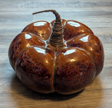 Large Pier 1 Ceramic Pottery Pumpkin Brown Glaze Metal Wire Wrapped Stem Fall
