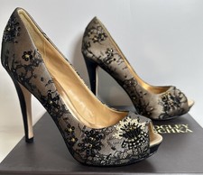 Badgley Mischka Stella Beaded Lace Embellished Shoes Open Tie Heels 7.5