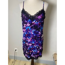 Express Y2K Floral Lace Trim Slip Dress Purple Blue Abstract Mini Medium