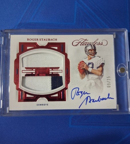 ROGER STAUBACH-2022 Panini Flawless RUBY 9/15 DUAL 2 Color Game Used Patch Auto