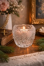 Vintage Pressed Glass Angel Votive Candle Holder Frosted Wings Religious 3”