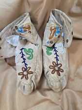 Antique New Beaded Doeskin Moccasins, Size 7, Circa 1927