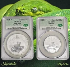 2025 P $1 & 50c Australia Silver Lunar Series Year Of The Snake CAC MS70, 2 Coin