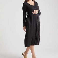 Quince Tencel Rib Maternity Nursing Button Dress Medium Midi Pockets