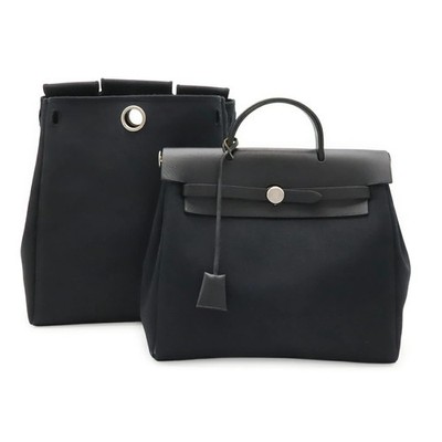 HERMES Herbag Ad PM Backpack/Handbag, Toile Officier Leather, Black, Silver Hard
