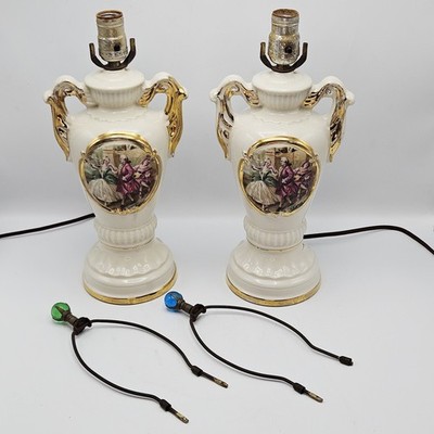 M Langbroek Amsterdam Porcelain Lamp Pair Fragonard Scene 12'' Rococo Mid Century