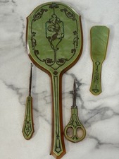 Vintage Art Deco Green Celluloid And Faux Amber Vanity Set 4 Piece Set