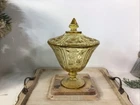 Vintage Federal Glass Cabbage Rose Sharon Pedestal Candy Dish w/Lid Amber Yellow