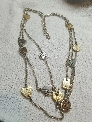 Brighton Deco Gold Short Silver Gold Heart Triple Strand Necklace