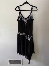 Vintage y2k Black Floral Beaded Asymmetrical Dress Fairy Whimsygoth Size 14