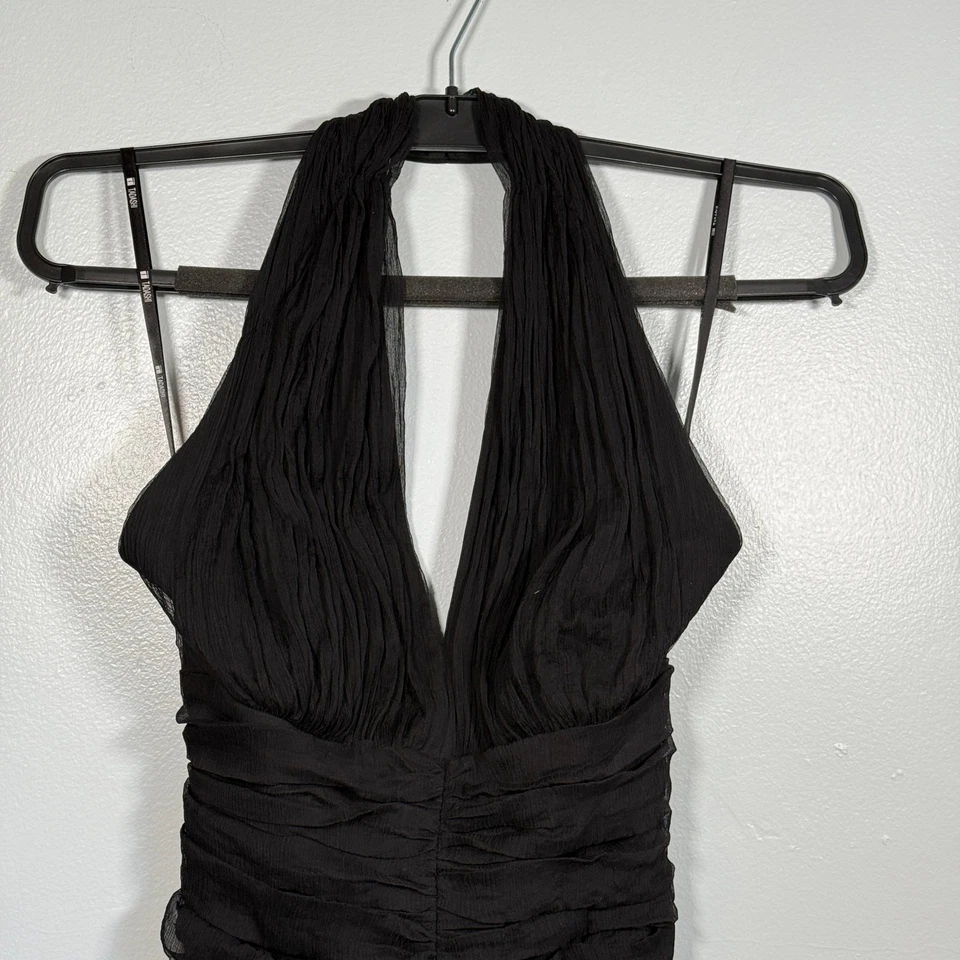 Vestido halter acanalado de seda Tadashi de colección años 90 negro ceñido al cuerpo cóctel midi se adapta a 2-4 Foto 4 de 4