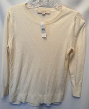 NWT Loft Size XS Lightweight Sweater Ivory Cream Cotton Viscose Silk Puff Shldr