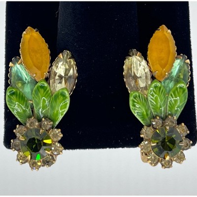 Unbranded Clip On Earrings Women Green Gold Excellent Enamel Rhinestone Floral