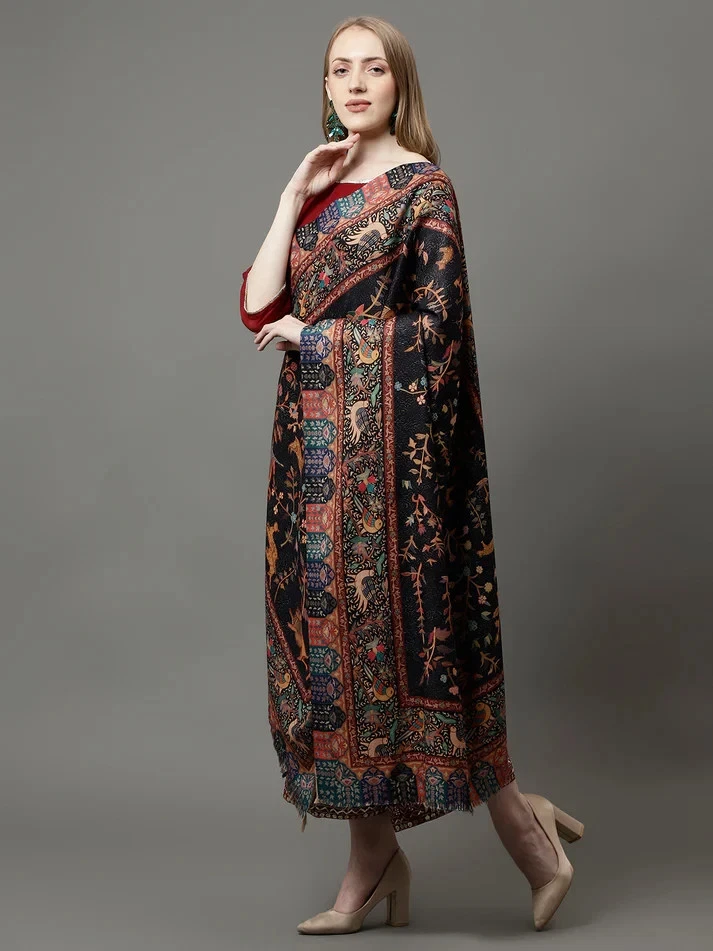 Mujer Talla Grande 100% Cachemira Lana India Manta Mantón Envoltura Paisley Bufanda Negro Foto 2 de 4