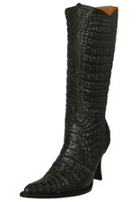 Women Black Silver High Heel Boot Crocodile Print Zip Up Pointed Sizes 6, 6.5, 8