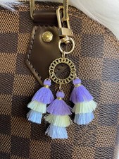 Tassel Bag Charm Keychain Key Fob Car Charm Purple Green Blue Pom Pom Charm Gold