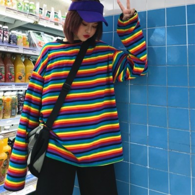 Lady Rainbow Striped Cotton T-shirt Loose Harajuku Top Long Sleeve