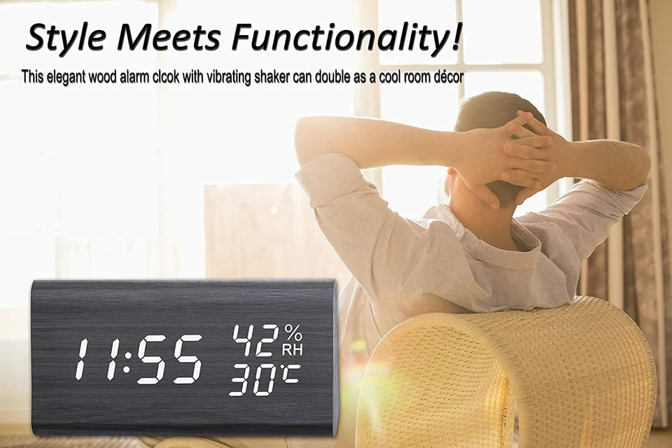 CoolFire Wooden Digital Alarm Clock w/ Vibrator Bed Shaker for Heavy Sleeper - Image 2 of 4