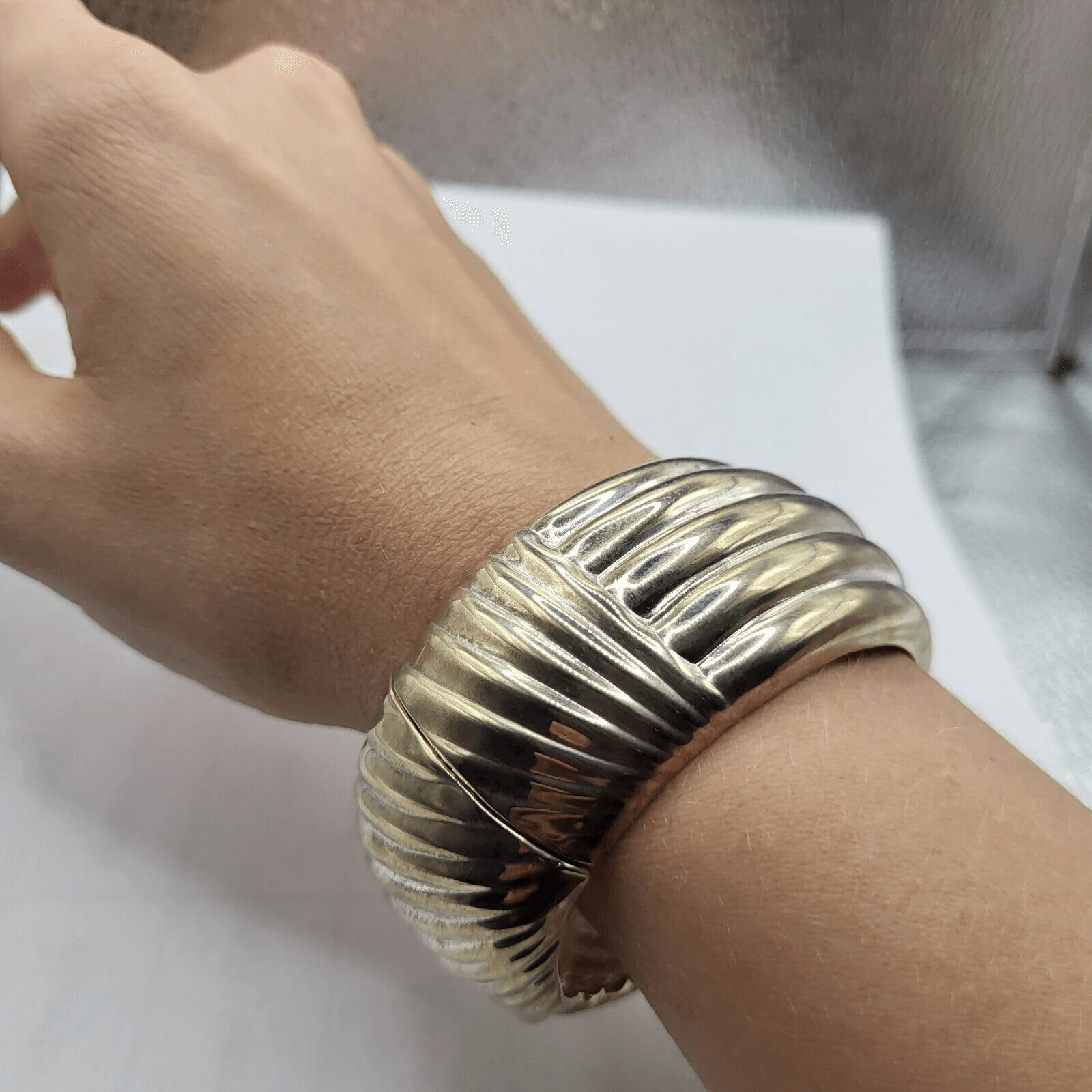 Chunky Large Hinged Silver Bracelet - image 2