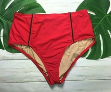 NEW J CREW High-waist bikini bottom with scalloped trim E8321 RED AND BLACK XS