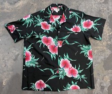 VINTAGE 70s 80s HELENA'S HAWAIIAN SHIRT USA HANDMADE BLACK FLORAL HIBISCUS