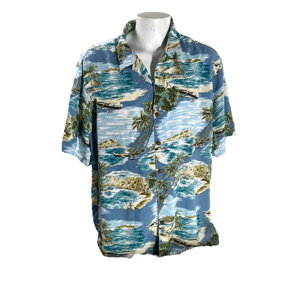 Camisa Hawaiana Hilo Hattie 4XL Islas Palmeras Estacionador Barcos Azul Marrón Foto 2 de 4