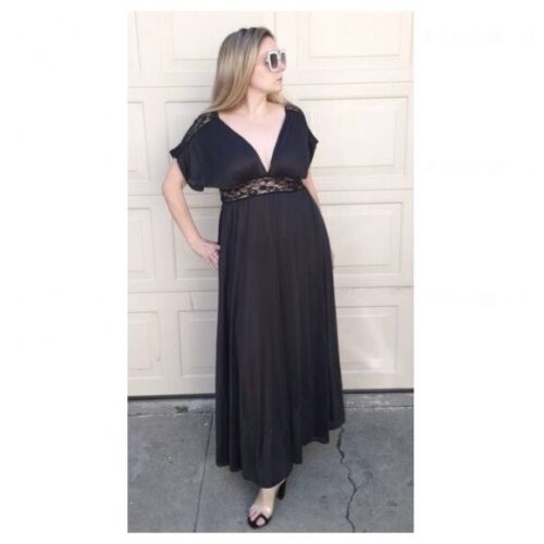 Vintage Women's Lace Trim Plunging V Neck Loungerie Maxi Dress Black Size M