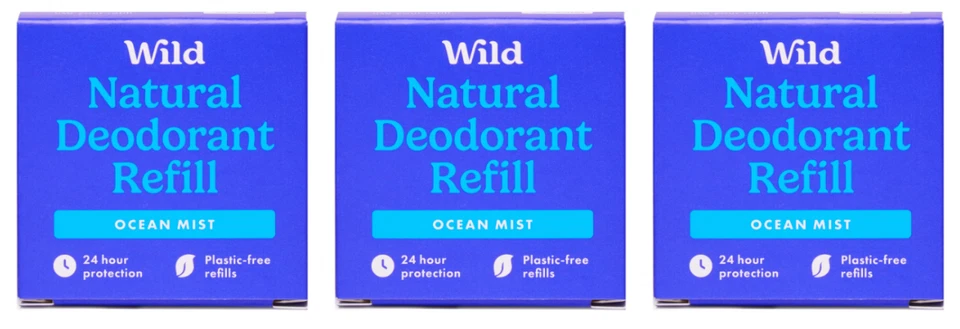 3 x Wild Natural Deodorant Refills. Ocean Mist Fragrance. Plastic Free.