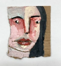 Quirky Outsider Art Naive Woman Portrait Painting Torn Cardboard Pink White
