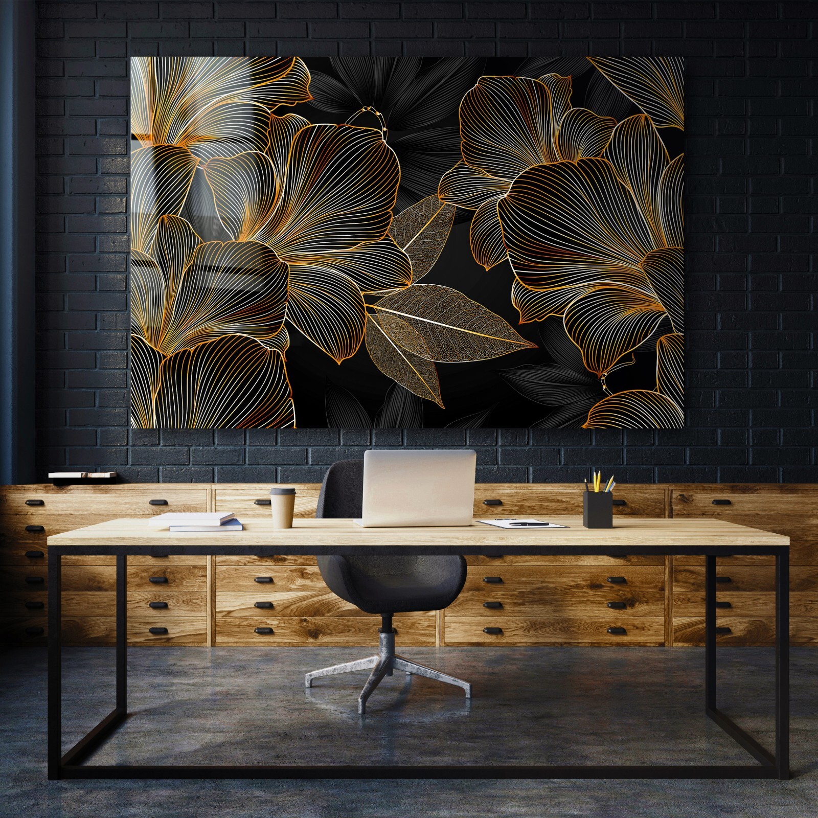Cuadro arte de lujo con hojas y flor, lienzo, vidrio acrílico, póster arte