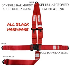 RACERDIRECT SFI 16.1 RED RACING HARNESS LATCH&LINK V ROLL BAR MOUNT BLK HARDWARE