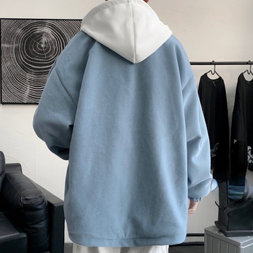 Cappotto uomo con cappuccio giacca finto due pezzi capospalla streetwear hip hop preppy casual - Foto 11 di 15
