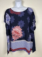 NWT Avenue Womens Plus Size 26/28 (3X) Blue/Red Mandala Stripe Top Short Sleeve