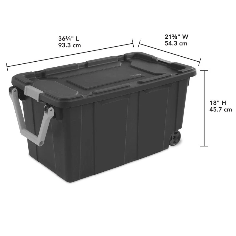 Wheeled Industrial Tote Storage Bin Heavy Duty Plastic Latch Lid Pack of 2 New - Image 3 of 4